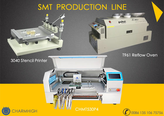 진보적 SMT 생산 라인, 4개 머리들은 기계 CHMT530P4, 3040대 프린터, T961 리플로우 오븐을 고르고 위치시킵니다